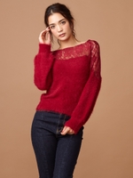 ショルダーレースシャギーニットトップス/ボルドー