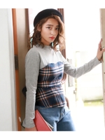 テレコリブチェック柄ドッキングトップス/ネイビー(018)