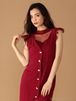 ドットチュールプチハイネックトップス/ボルドー