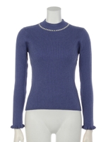 ハイネックはめこみパールリブニットプルオーバー/ブルー