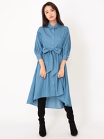 パールボタンデニムシャツワンピース/INDIGO