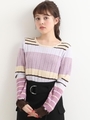 マルチボーダー袖フリルニット/ピンク柄