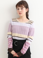 マルチボーダー袖フリルニット/ピンク柄