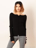 レースアップリブニットトップス/ブラック