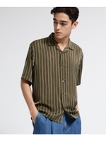 レジメンストライプ オープンカラー半袖シャツ/カーキ×ブラック×ホワイト(327)