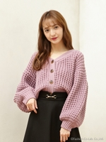 ワッフルショートVネックカーディガン/ラベンダー/ピンク