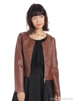 合皮ノーカラージャケット/ブラウン