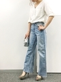 切替ワイドデニムパンツ/ブルー