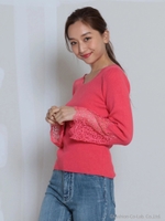 袖レースニットトップス/レッド