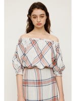 GRID CHECK OFFSHOULDER TOPS/M/WHT7