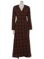 [BED&BREAKFAST]Wool Check Wrap Dress/BROWN