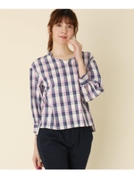 【WEB限定サイズ(S・LL)あり】【洗える】パール釦チェックブラウス/ネイビー(293)