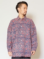 【チャイハネ】yul 木版プリントMEN'Sビッグシルエットシャツ/レッド