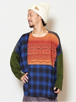 【チャイハネ】チェックパッチワークMEN'Sトップス/ブルー