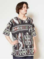 【チャイハネ】ネイティブ柄プリントコットンクレープメンズトップス/ブラック