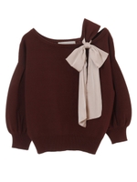 【ニット】アシメショルダーＢｉｇリボンニット/ブラウン系