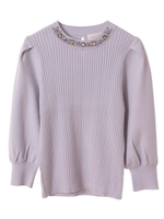 【ニット】リブビジューネックボリュームスリーブニット/ライトグレー