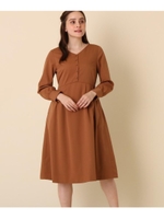 【手洗い可】フロントボタンウエスト切り替えワンピ/キャメル(041)