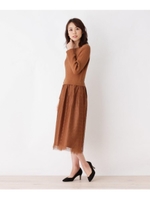 【洗える・42(LL)WEB限定サイズ】リブニット×チュールレースドッキングワンピース/タバコブラウン(054)