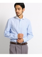 【洗濯機洗いOK】ストライプ　クレリックシャツ/サックス(390)