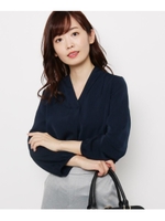 【入卒・大きいサイズあり・13号・15号】スタンドカラー風Vネックブラウス/ネイビー(093)