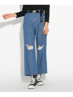 ★ニコラ掲載★ベルト付き　ストレートダメージデニム/ブルー(492)