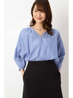 くるみ釦ストライプブラウス/ネイビー×オフストライプ2(122)