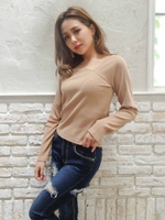 アシメリブトップス/ベージュ