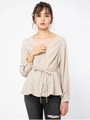 ウエストリボンフレアブラウス/ベージュ