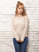 カバーリングリブショルダーカットトップス/ベージュ