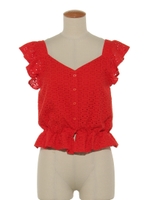 コットンレースソデフリル2WAYブラウス/レッド