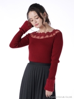 スカラレース袖シャギーニットトップス/ボルドー