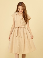 バックレースアップ抜き襟シャツワンピース/ベージュ