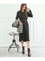 ベルト付バックプリーツニットワンピース/ブラック(027)