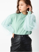 ロゴ入り袖チュールTOPS/ライトグリーン