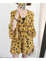 花柄ベルスリーブカシュクールオールインワン/イエロー