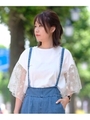 花柄刺繍チュール切り替えフレアスリーブTシャツ/ホワイト