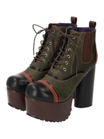 厚底プラットフォームショートブーツ/カーキコンビ