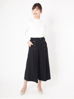 細ベルト付釦デザインワイドパンツ/ネイビー