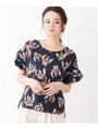 袖ひら花柄麻混ブラウス/ネイビー(193)