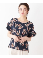 袖ひら花柄麻混ブラウス/ネイビー(193)