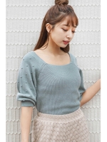 袖タック編み短丈ニット/ブルー(110)