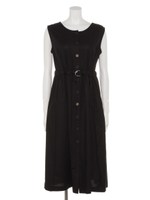 配色ボタンノースリーブロングワンピース/ブラック