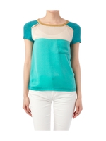 麻ニットサテン切り替えプルオーバー