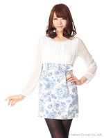 透けシフォンフラワープリントワンピース