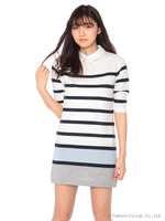 衿付配色ボーダーニットワンピース