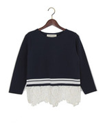 JCT ミラノリブ ライン 裾レース7分袖トップス/NAVY