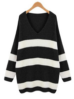 Vネックボーダーニットチュニック/ブラック