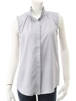 【ECURY】襟プリーツシフォンノースリーブブラウス/サックス