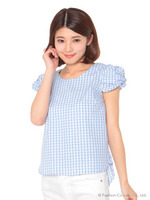 ギンガムパフブラウス/サックス